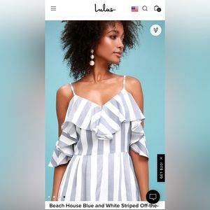NWT Lulus Beach House Blue & White Striped Off The Shoulder Romper
